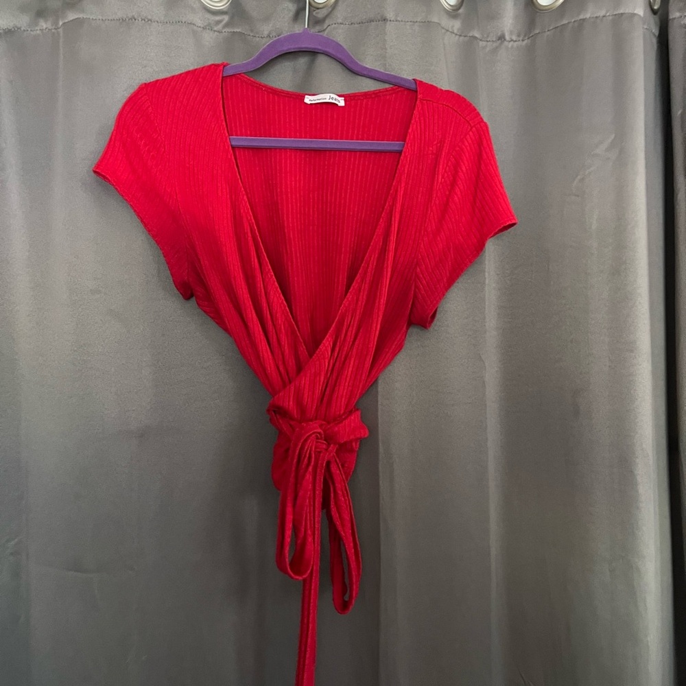 Red Wrap Front Short Sleeve Top